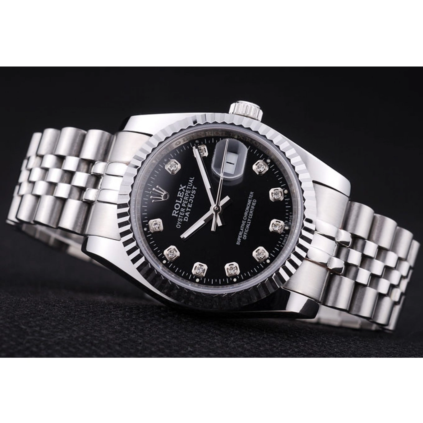 Aaa replica watch Bezel Rolex Dial Datejust Diamonds Black Ribbed 7458 0816